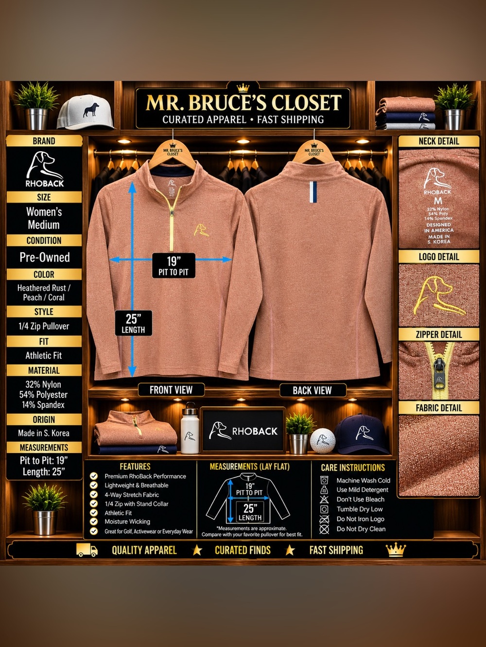 Rhoback Women’s 1/4 Zip Pullover - Heathered Rust/Peach